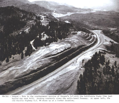 Oregon - This is the southernmost section of Oregon's I-5 with the California State line just beyond the next hill.  Looking southerly along the split-level freeway.  At upper left, the old Pacific Highway, U.S. 99, at a former location.