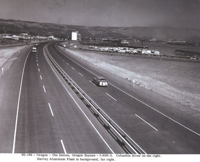 Oregon - The Dalles, Oregon Bypass - I-80N-3.  Columbia River on the right.  Harvey Aluminum Plant in background, far right.