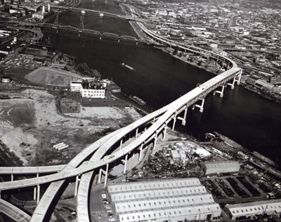 Oregon- The Marquam Bridge over the Willamette River is Portland.  The two-decked structure connects I-5 and the Stadium Freeway with the East Bank Freeway, I-84, and the Minnesota Freeway, which runs to the Interstate Bridge.