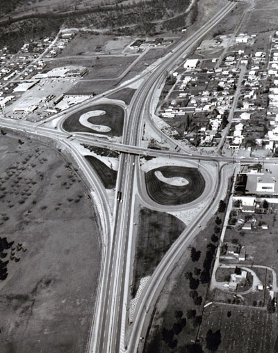 Oregon- Garden Valley Interchange on Interstate 5 at the north entrance to Roseburg.  Landscaping appear prominently in the interchange space.