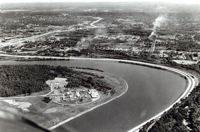 Tennessee- Interstate Route 24 segment along Moccasin Bend on Tennessee River at Chattanooga just prior to opening to traffic in late 1966.