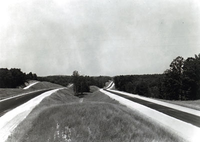 Tennessee - 1966 Shoulder construction and striping on I-40 east of Natchez Trace State Park, Henderson County.