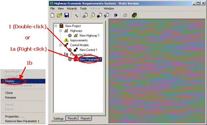 HERS-ST Screen Shot: Application Window - showing the Project Tree and the steps for running the Parameter Wizard and changing the Parameter settings. Step 1 double click on New Parameter 1 or right click and select display