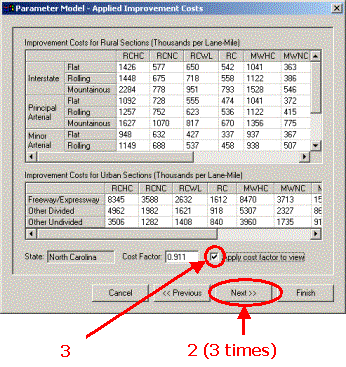 HERS-ST Screen Shot: Parameter Model Wizard - Applied Improvement Costs screen showing how to apply the State cost factor. Step 2 select Next three times. Step 3 - check apply cost factor to view