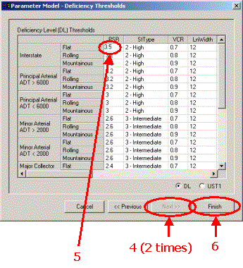 HERS-ST Screen Shot: Parameter Model Wizard - Deficiency Thresholds screen showing how to change the PSR threshold for Interstate sections. Step 4 select next 2 times. Step 5 enter data. Step 6 finish