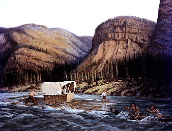 Carl Rakeman's 1843 Oregon trail painting showing settlers navigating a river on a raft-carrying their wagon. 