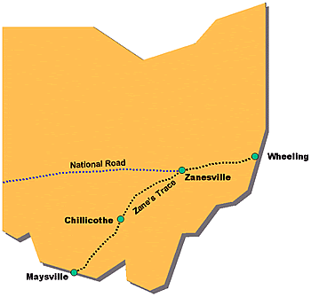 Current Ohio map shows Zane's Trace from Wheeling, West Virginia, to Zanesville, to Chillicothe and to Maysville, Kentucky.