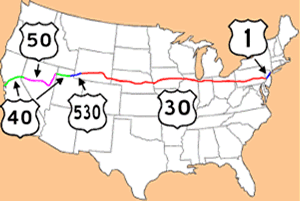 Map of the US showing the path of the Lincoln Highway.