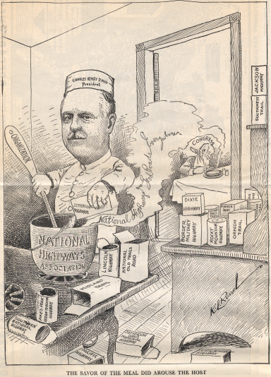 Political Cartoon Charles Henry Davis - the caption says 'The savor of the meal did arouse the host'. Cartoon appeared in Better Road and Streets for August 1916.  It illustrates how Charles Henry Davis was trying to blend the named trail associations into his national organization.