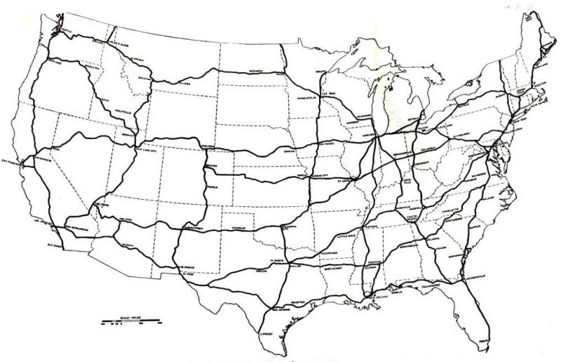 Location of routes tentatively selected as approximating the line of a proposed interregional Highway system.
