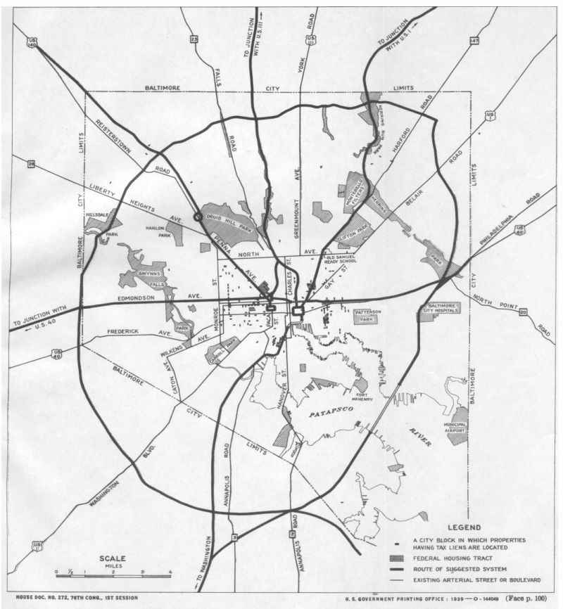 Tentative study of locations for Baltimore trans-city connections and express highways shown in relation to location of Federal housing tracts and properties having tax liens.