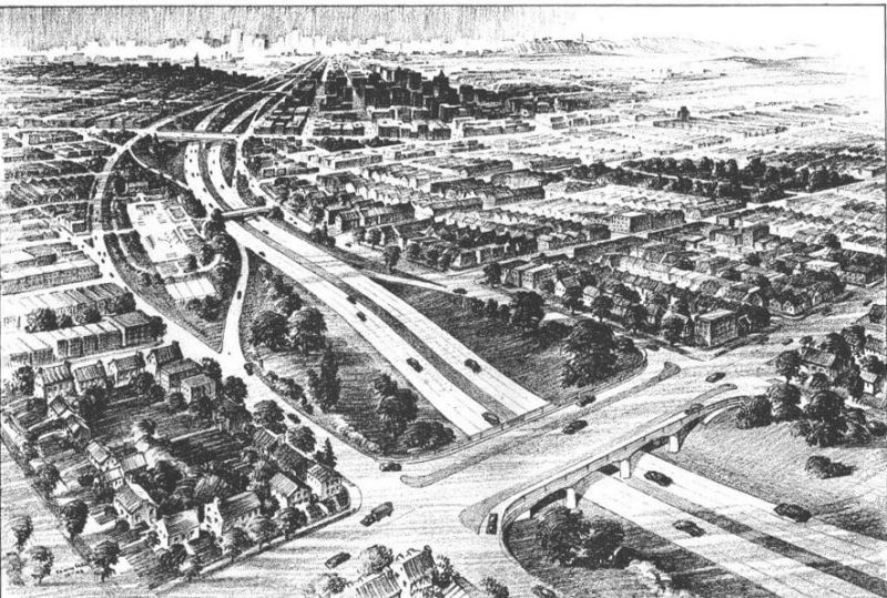 Built within a block-wide right-of-way, on a gently rolling grade, depressed to pass under bridges at important cross streets and rising to normal ground level between, which varied median strip width and use of border areas for suitable neighborhood recreational purposes, a section of the interregional system traversing residential areas of a city, confirming in all respects to standards proposed by the committee, is shown in this sketch.