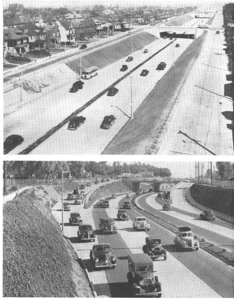 (Top Image) A former street has here been preserved to form the local service way at the left. The right service way abutting the rear of properties facing on the next street is built on part of a half-block strip acquired for the improvement. The right-of-way is inadequate for the type of development proposed by the committee. (Bottom Image) This example, like the one above embodies many of the features considered desirable for urban depressed construction, but is also somewhat cramped in its design by inadequate right-of-way width.