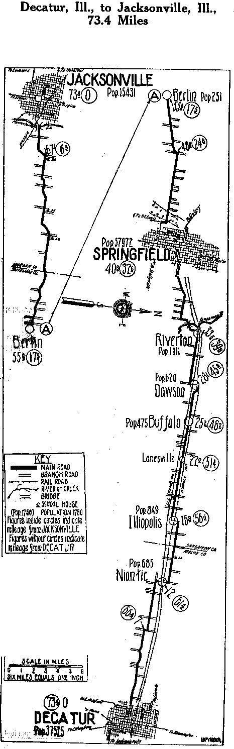 Detailed Section of Pikes Peak Map from Decatur, Ill. to Jacksonville, Ill.