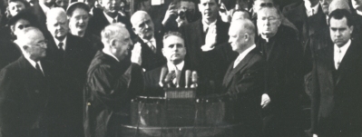 January 20, 1953.  Chief Justice Fred Vinson (second from left) administers the oath of office to the new President, Dwight David Eisenhower.  Former President  Harry S. Truman is to the left, and the new Vice President, Richard M. Nixon is on the right Photo courtesy Dwight D. Eisenhower Library