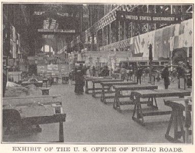 During the Panama-Pacific Exposition, the U.S. Bureau of Public Roads' exhibit (shown here) in the Machinery Palace was the most comprehensive exhibit in its history to that point.  The exhibit was intended to stimulate road building and encourage better methods of construction and maintenance.