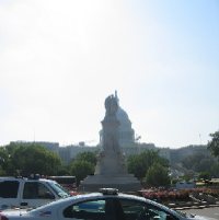 In the center of a small traffic circle is a statue honoring the U.S. Navy for its role in the American Civil War.