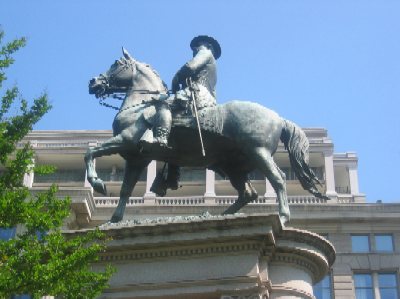 Near the Grand Army statue at 7th Street, a statue honors General Winfield Scott Hancock for his efforts during the Civil War.