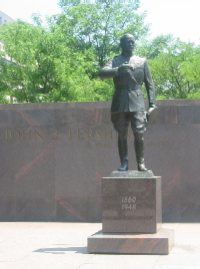 A statue of General John J. "Blackjack" Pershing, who led the American Expeditionary Force in Europe during World War I, is the centerpiece of Pershing Park across from Freedom Plaza at 14th Street.