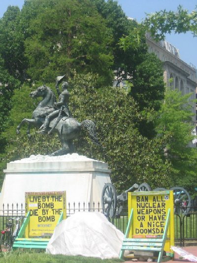 Because Pennsylvania Avenue is being reconstructed in front of the White House, protesters moved their signs to the center of Lafayette Square in front of the statue of General Andrew Jackson who was President from 1829-1837.