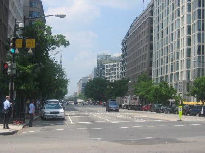 Beyond the Renwick Gallery, ceremonial Pennsylvania Avenue comes to an end.  The avenue becomes a major city street, lined by offices and commercial properties.