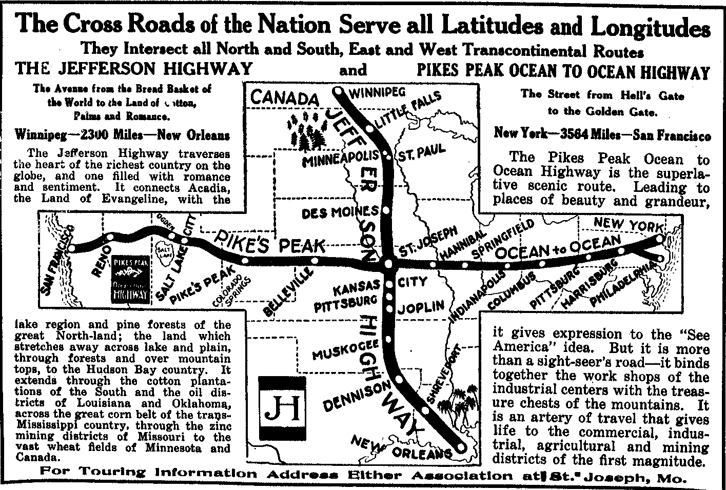 Map of intersection of Pikes Peak Highway and Jefferson Highway.  For text, see article.