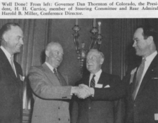 Following the 1954 White House Conference on Highway Safety, President Eisenhower (second from left) congratulated the Steering Committee (Governor Dan Thornton of Colorado, left, and Harlow Curtice, President of General Motors) and Rear Admiral Harold B. Miller, the Conference Director. Click on photo for larger version.