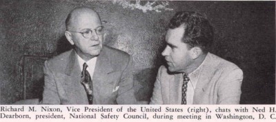 In early 1956, with President Eisenhower recovering from a heart attack, Vice President Richard M. Nixon (right) urged Ned Dearborn, President, National Safety Council, to urge Congress to complete work on the President's National Highway Program.