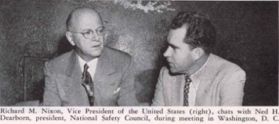In early 1956, with President Eisenhower recovering from a heart attack, Vice President Richard M. Nixon (right) urged Ned Dearborn, President, National Safety Council, to urge Congress to complete work on the President's National Highway Program. Click on photo for larger version.