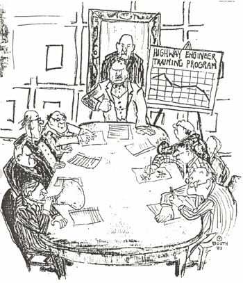 Cartoon depicting engineers sitting around discussing the new training program. The caption reads, 'What do they mean our training program is outdated? We all went through it!'