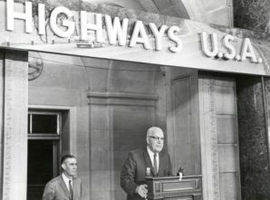 Promotion of the Interstate System was a hallmark of Rex Whitton's tenure. Here he is seen with Commerce Secretary Luther H. Hodges opening "Highways U.S.A.," an exhibit in the Department of Commerce Building marking 5 years of Interstate construction (1956-1961).