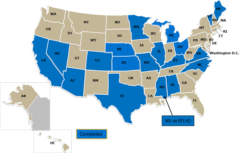 Map of the United States showing the completed ISTD field tests. Demonstrations Completed: Alabama, Arizona, California, Colorado, Illinois, Kansas, Kentucky, Maine, Michigan, Minnesota, Mississippi, Missouri, North Carolina, Nebraska, Nevada, Ohio, Texas, Virginia, and Vermont.