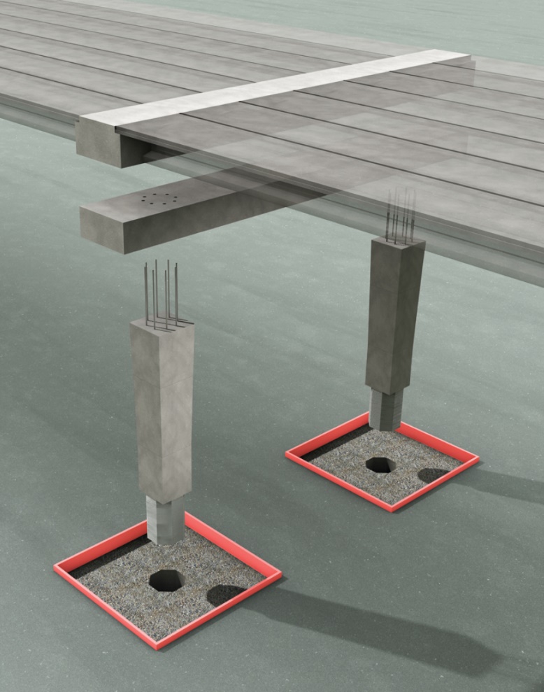 The graphic illustrates an exploded view of the precast bridge bent concept - the girder superstructure, the cast-in place upper cap beam, the precast cap beam, and the precast column.