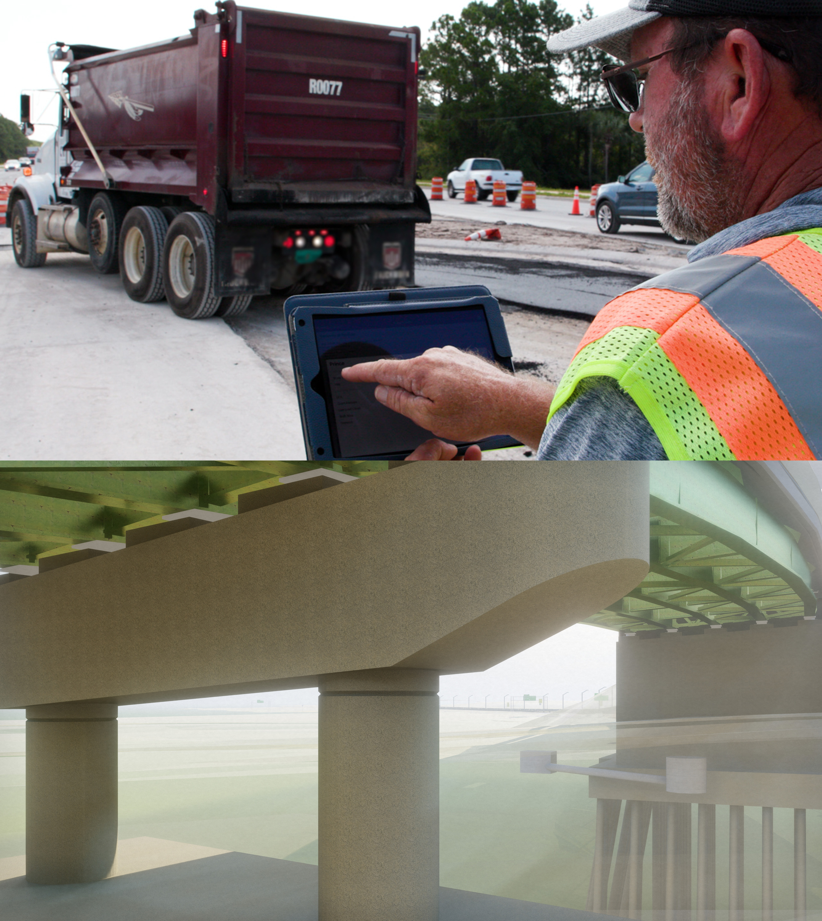Two images stacked top to bottom. The top image is a construction worker working on a tablet while a dump truck approaches a worksite. The bottom image is a digital as-built of a bridge.