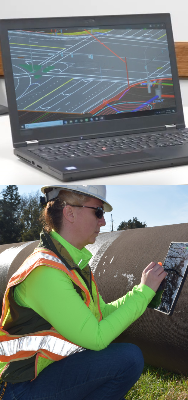 Two images places top to bottom. The bottom images is a woman in a safety vest crouching by a culvert pipe and working on a table. The top image is a laptop with a digital as-built on the screen.