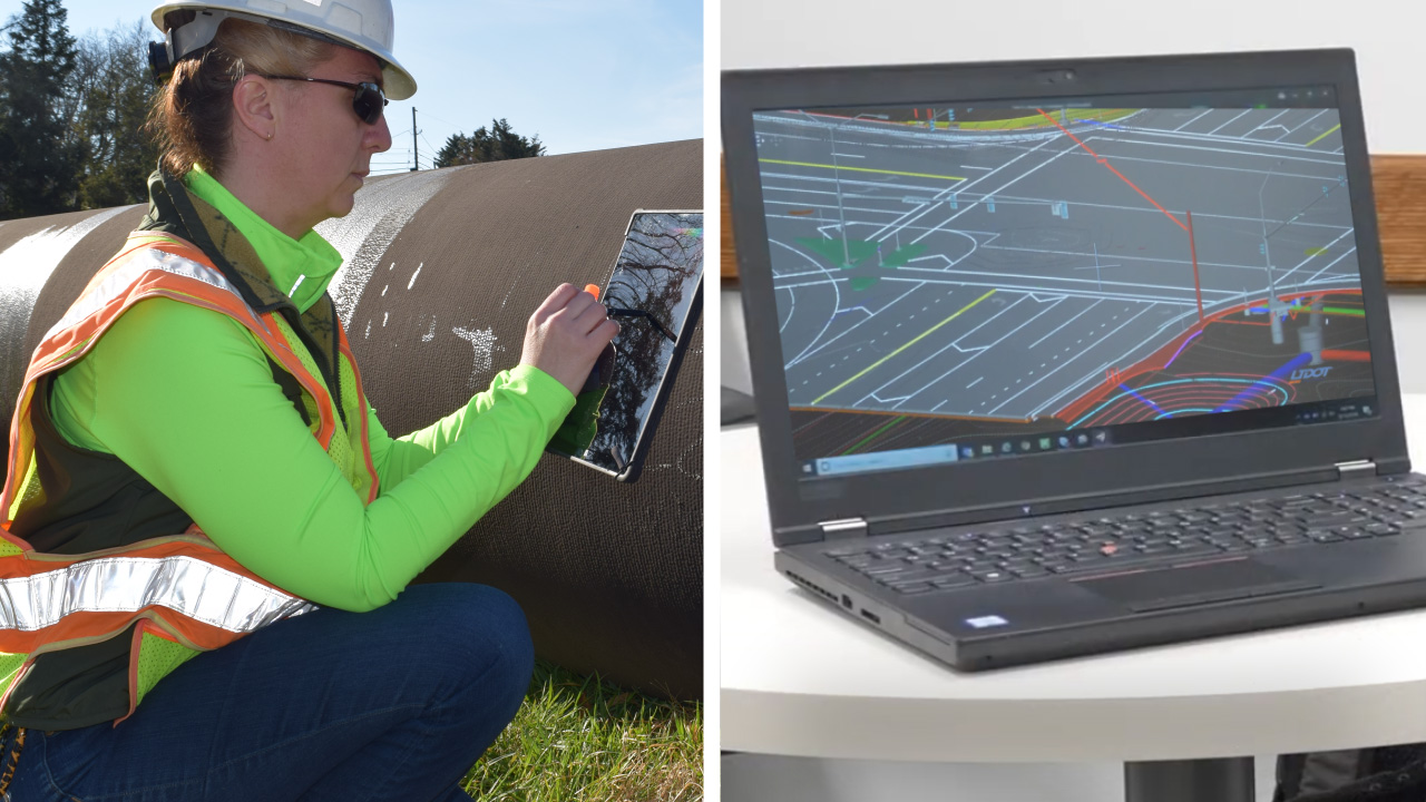Two images places left to right. The left images is a woman in a safety vest crouching by a culvert pipe and working on a table. The right image is a laptop with a digital as-built on the screen.