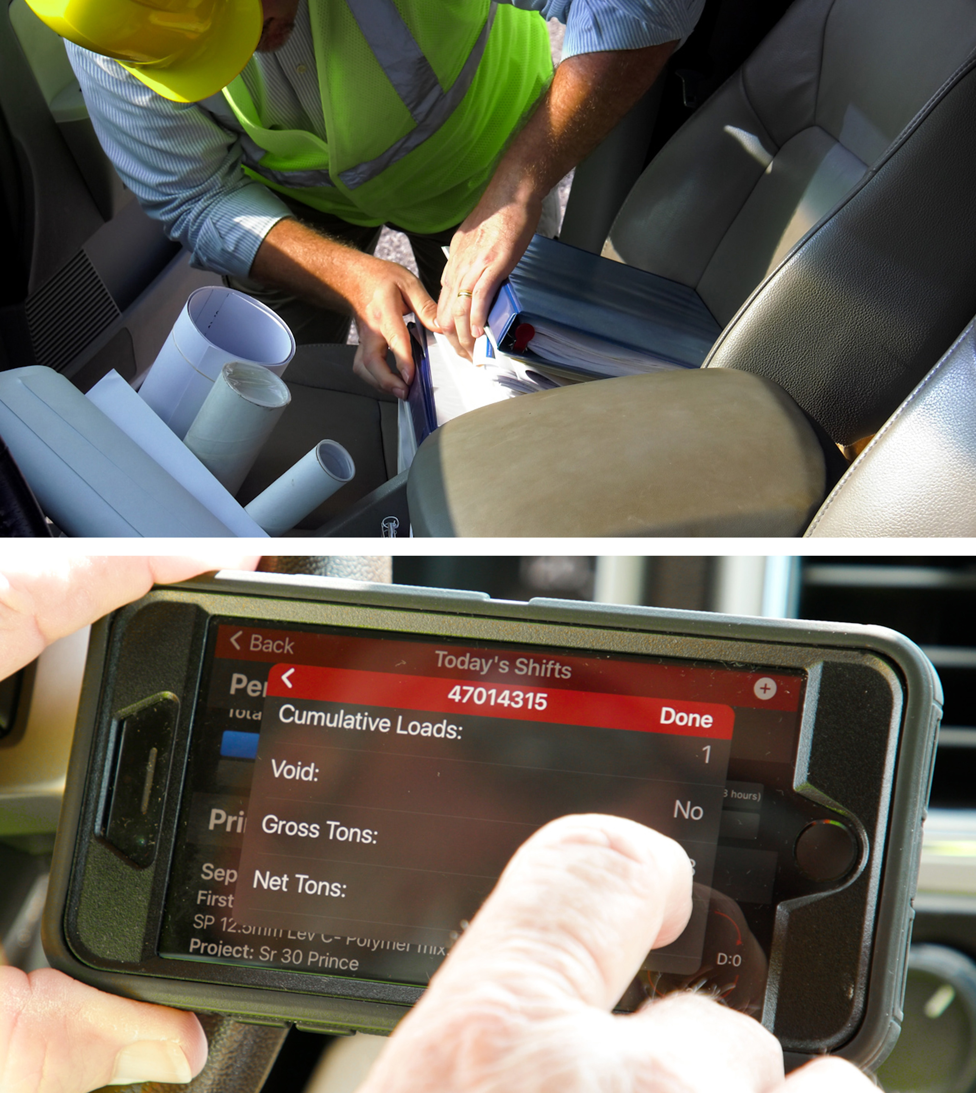 Two images stacked top to bottom. The top image is a man in a safety vest looking through thick binders in the front seat of a vehicle. The bottom image is a close up of a smart phone with construction material information on the screen.