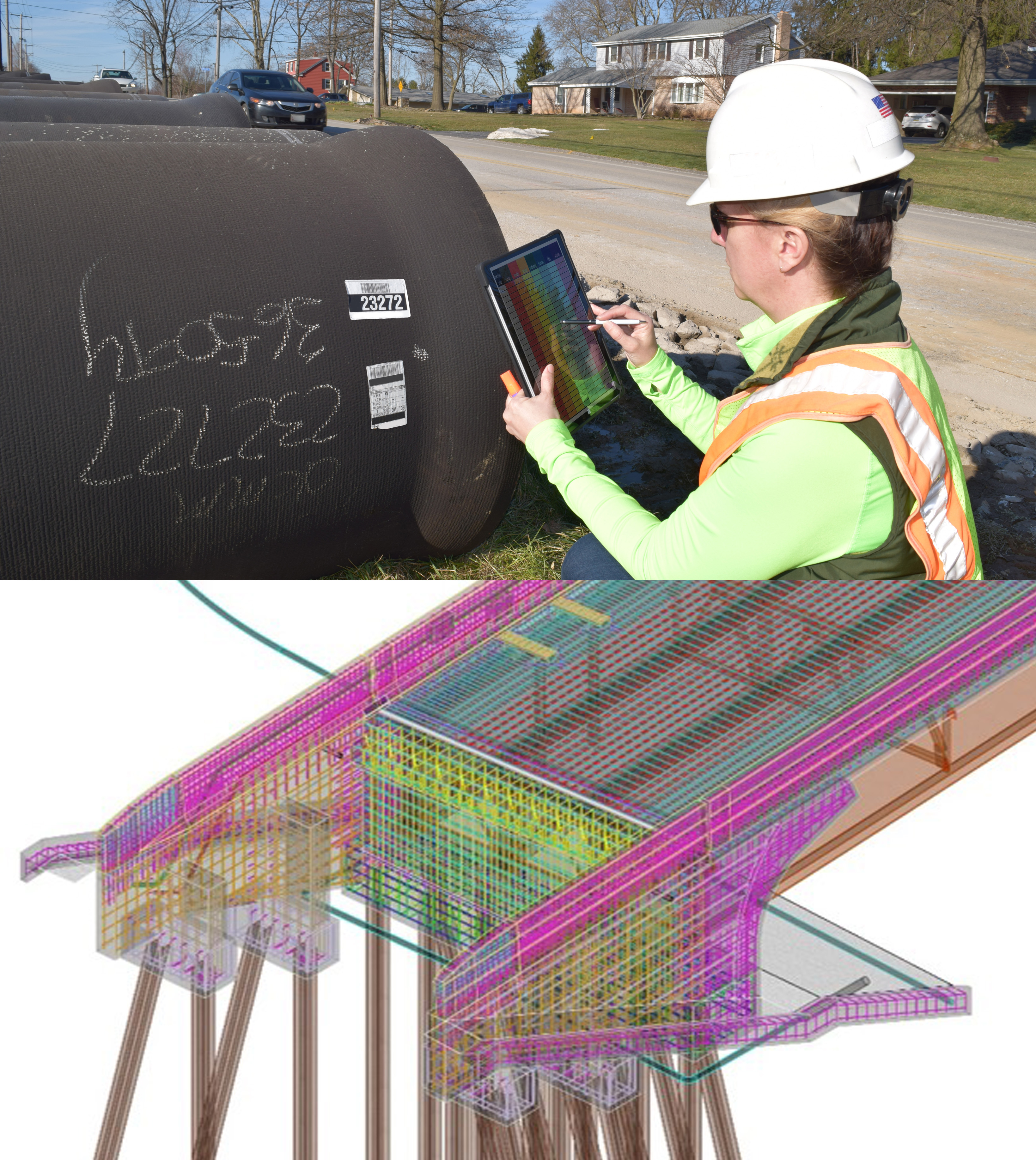 Two images stacked top to bottom. The top image is a woman in a safety vest and hard hat crouching next to a culvert pipe while working on a tablet. The bottom image is a colorful digital as-built of a bridge.