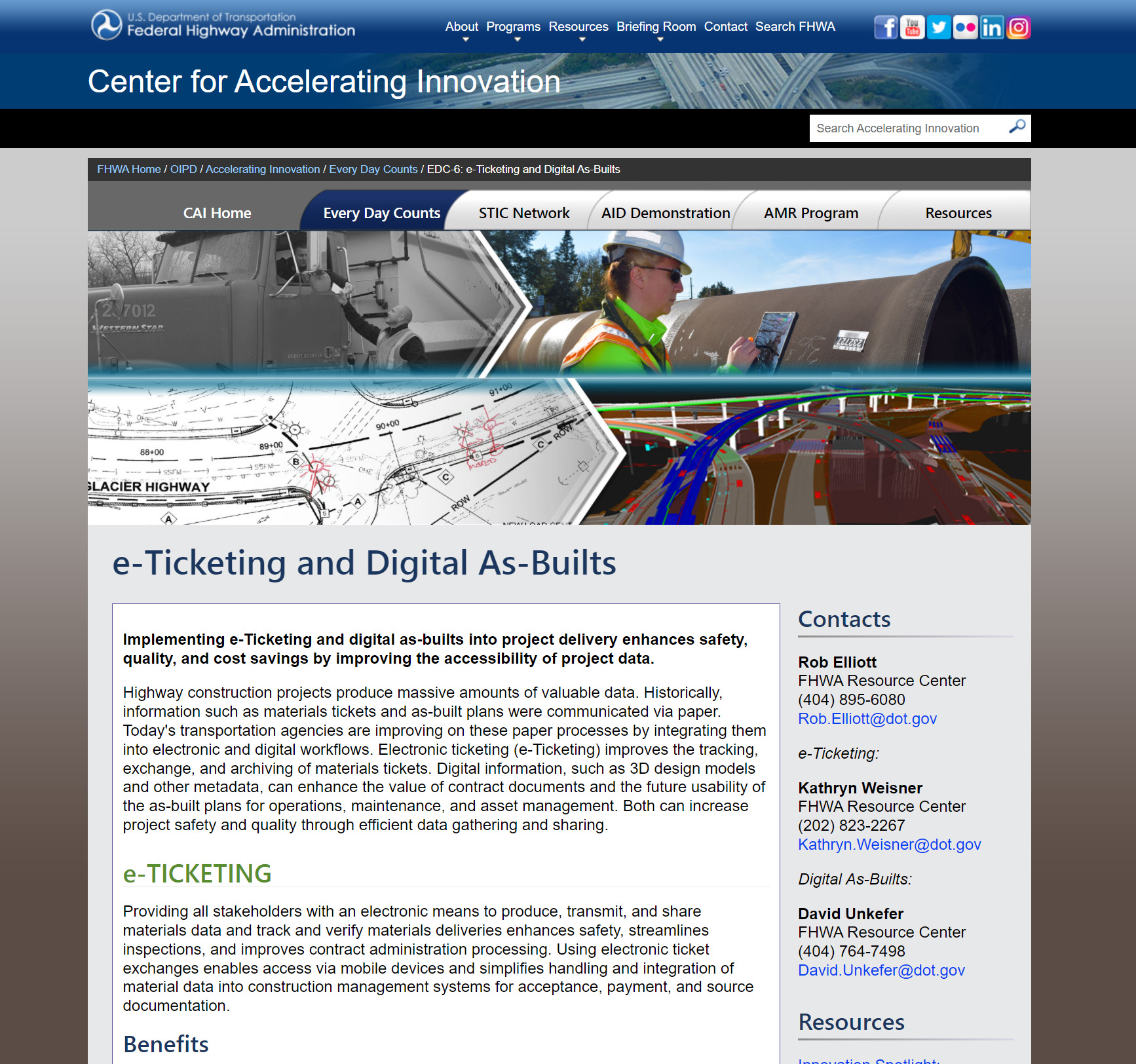 Screenshot of the FHWA e-Ticketing and digital as-built web page.