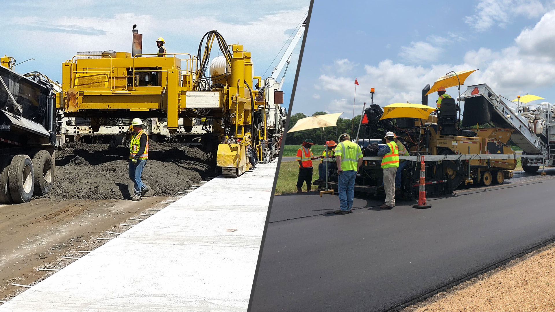 A construction worker in the picture on the left stands near a concrete paver and a pile of new cement. Four construction workers stand near an asphalt paver and atop new asphalt in the picture on the right.