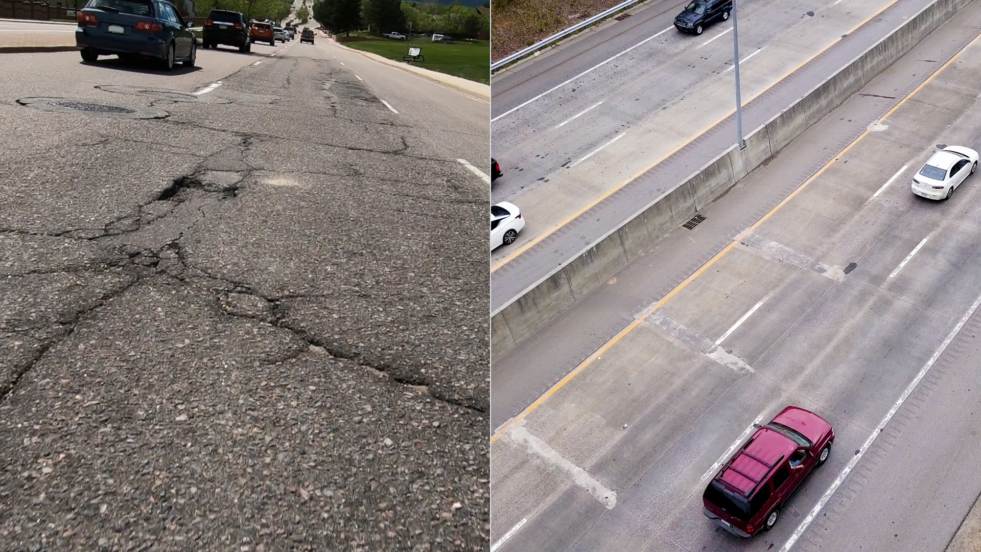 Close up of a four-lane newly paved asphalt highway without traffic.