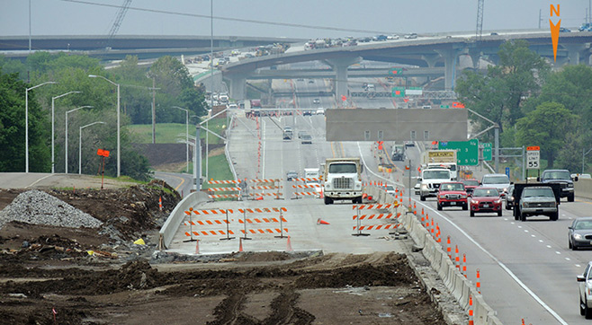 The new diverging diamond interchange at I-35 and 95th Street means new ramps and a new configuration on the west side. Photo: Kansas DOT.