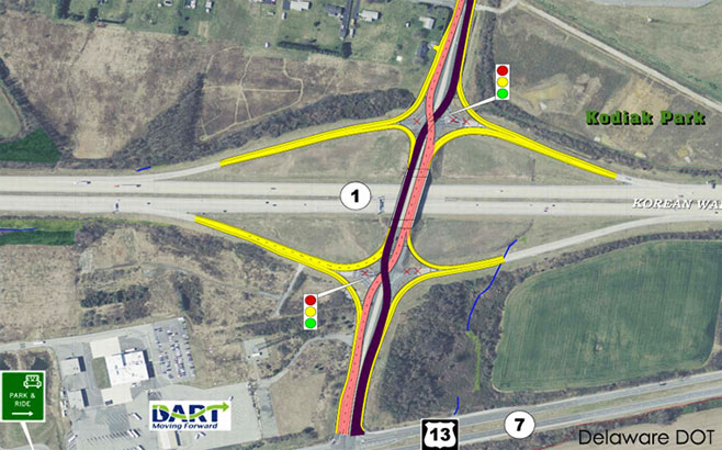 Aerial photo of Delaware's First Diverging Diamnond Interchange and new configuration