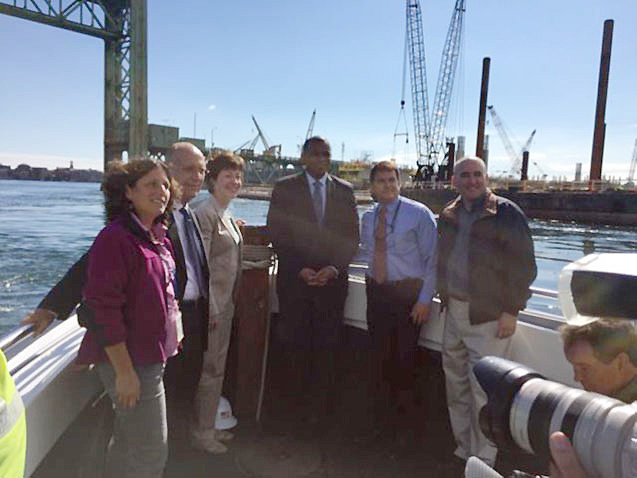 Photo: (Left to right) Maine DOT Chief Engineer Joyce Taylor, Cianbro CEO Peter Vigue, U.S. Senator Susan Collins, U.S. Transportation Secretary Anthony Foxx, Maine DOT Commissioner David Bernhardt and FHWA Administrator Gregory Nadeau tour the Sarah Mildred Long Bridge project.