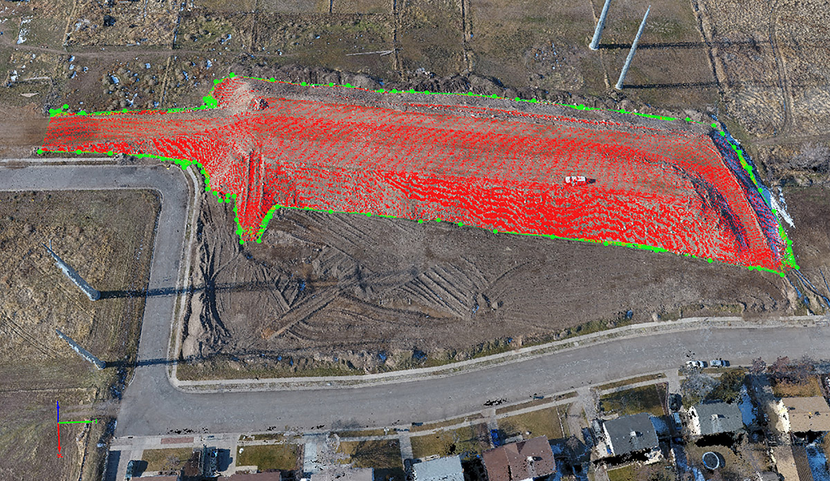 Aerial image of large material stockpile with graphical overlay indicating quantity of the stockpile.