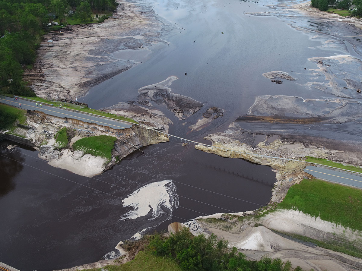 Aerial image, captured from UAS, which shows damage to highway in the aftermath of Hurricane Florence in North Carolina.