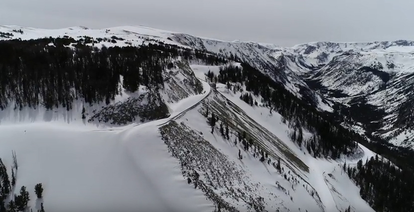 Photo taken with UAS showing the snow covered condition of the Beartooth Highway, Montana's northeast gateway into Yellowstone National Park.