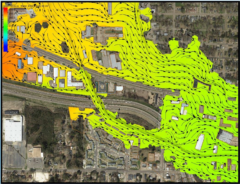 Overhead image of US 80 and I-20 where Lynch Creek crosses. Overlaid is a graphical representation of flood extents with a color scale representing water surface elevation and arrows showing flow direction.