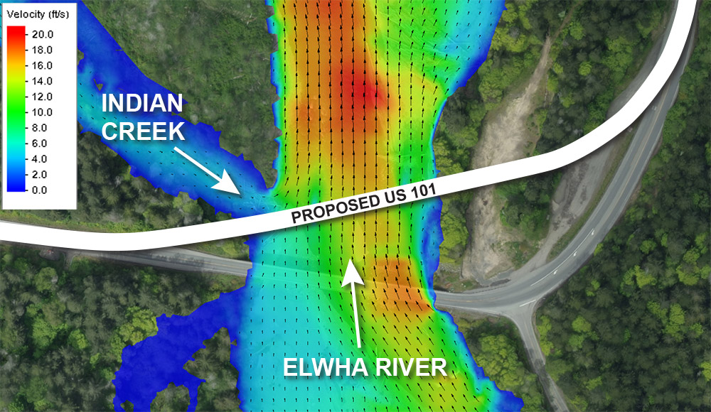 Overhead image of proposed location for new US 101 bridge at the intersection of the Elwha River and Indian Creek with graphical overlay showing water velocity.
