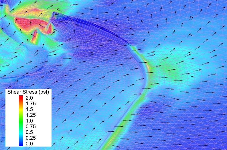 Two-dimensional model of the South Platte River at State Highway 144. This model shows flow direction indicated by arrows and shear stress indicated by color.